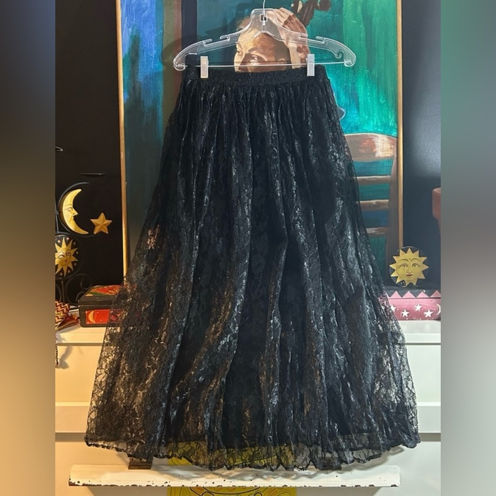 Vintage Black Sheer Floral Lace Pleated Skirt